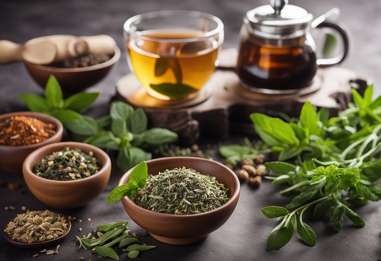 A table with various herbs, spices, and tea leaves arranged neatly, with a mortar and pestle nearby for grinding. A steaming teapot and a cup of detoxification tea sit on the table