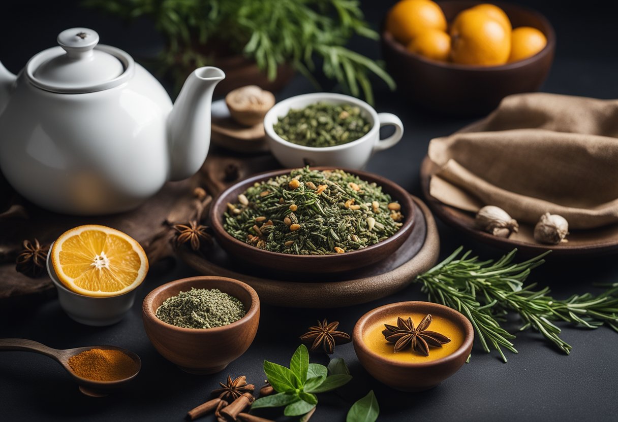 A table with various herbs, fruits, and spices laid out. A steaming teapot and cups sit nearby. A book open to detoxification tea recipes