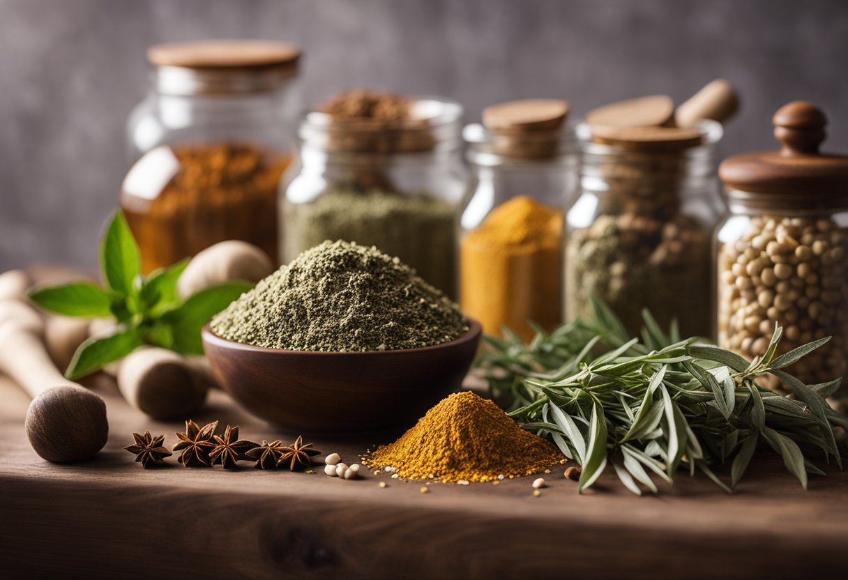 A hand reaches for herbs and spices on a wooden shelf, next to jars of dried leaves and flowers. A mortar and pestle sit nearby, ready for use