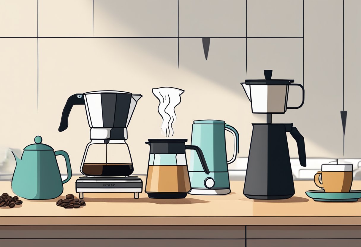 A pour-over coffee set up with a kettle, dripper, filter, and coffee grounds on a clean, clutter-free countertop