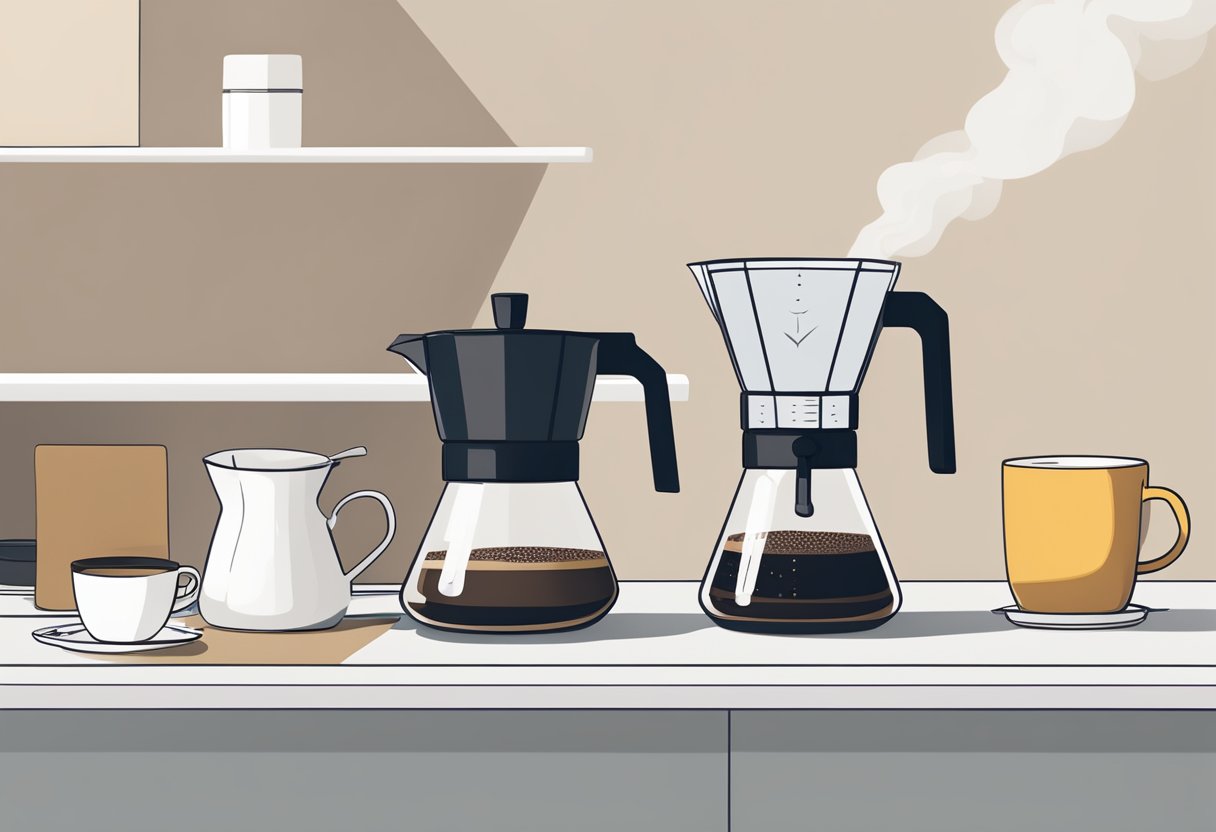 A pour-over coffee setup with a steaming kettle, a ceramic dripper, and a freshly ground coffee bag on a clean, minimalist countertop