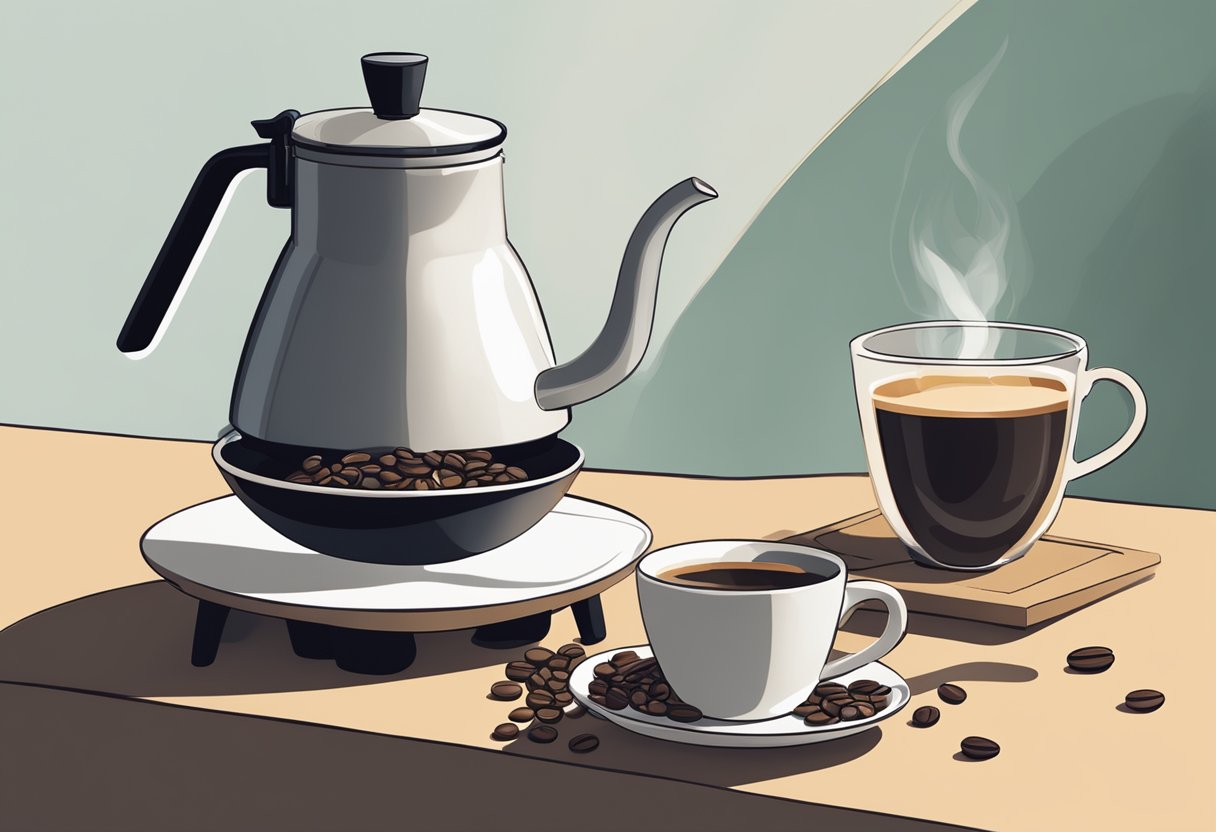 A serene scene of a pour-over coffee set-up with a steaming kettle, a ceramic dripper, and freshly ground coffee beans, surrounded by a peaceful and meditative ambiance