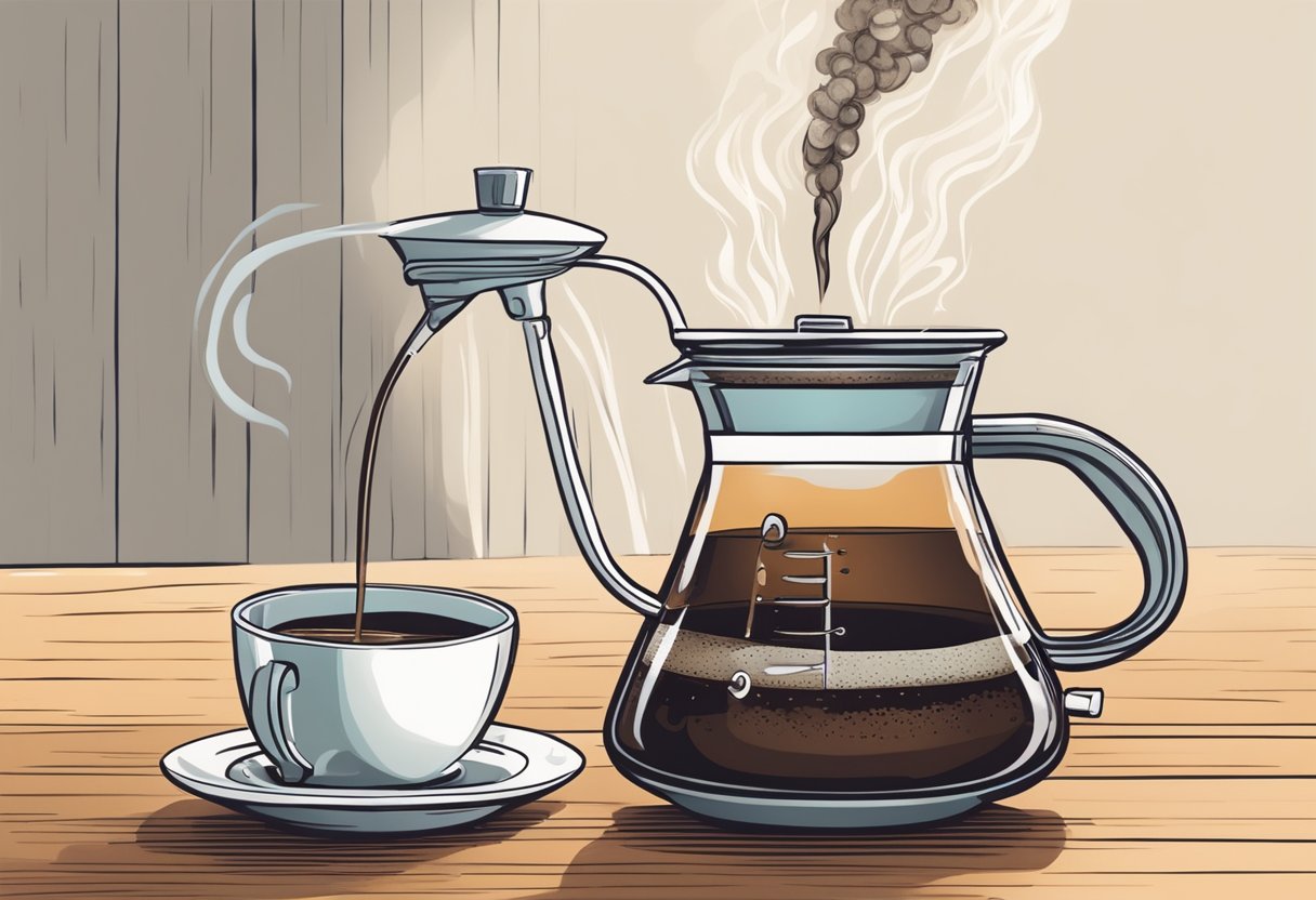 A serene pour-over coffee ritual, with steam rising from the carafe and the aroma of freshly brewed coffee filling the air