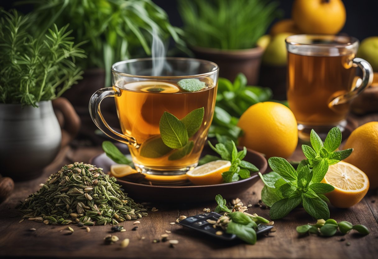 A steaming cup of tea surrounded by fresh herbs and fruits, with a tape measure and scale nearby