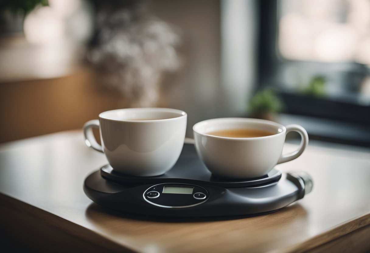 A scale with a teacup on one side and a pile of fat on the other. A steaming cup of tea in the background