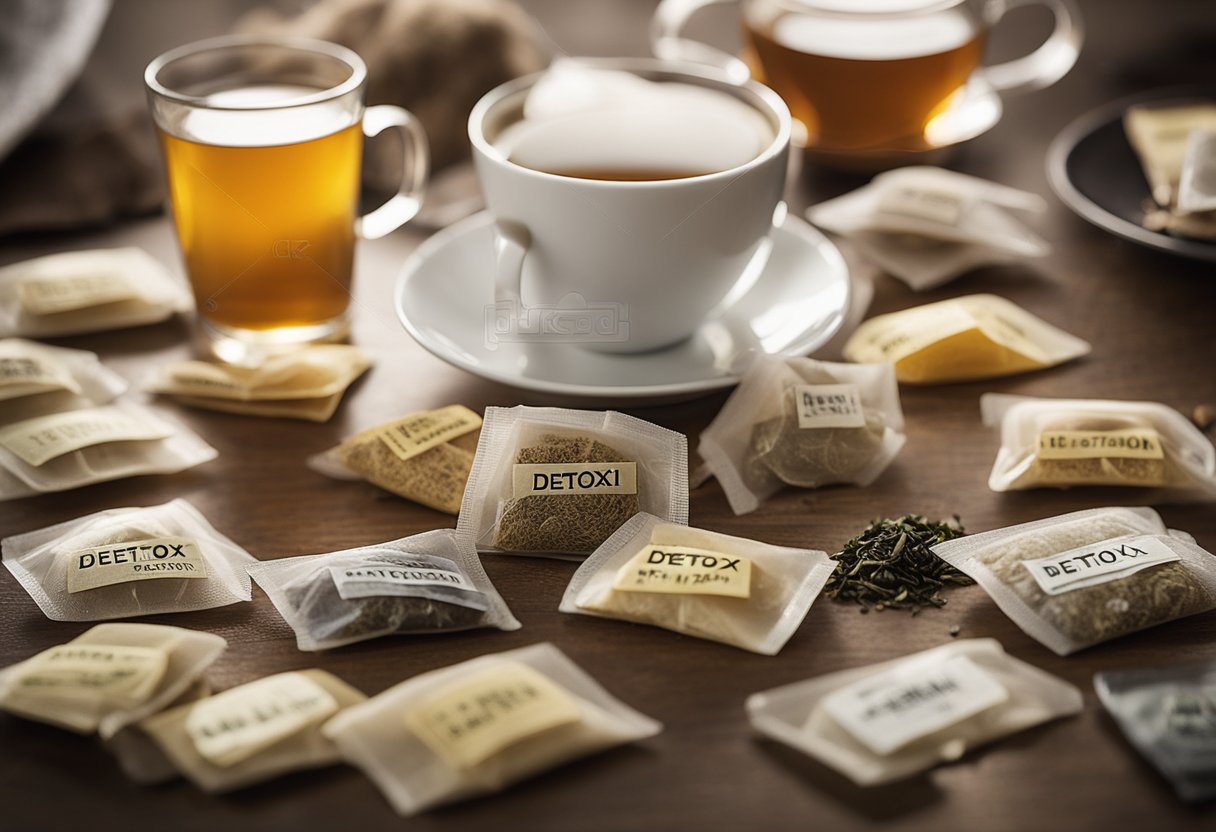 A variety of tea bags scattered on a countertop, with labels indicating "weight loss" and "detox." Steam rises from a freshly brewed cup