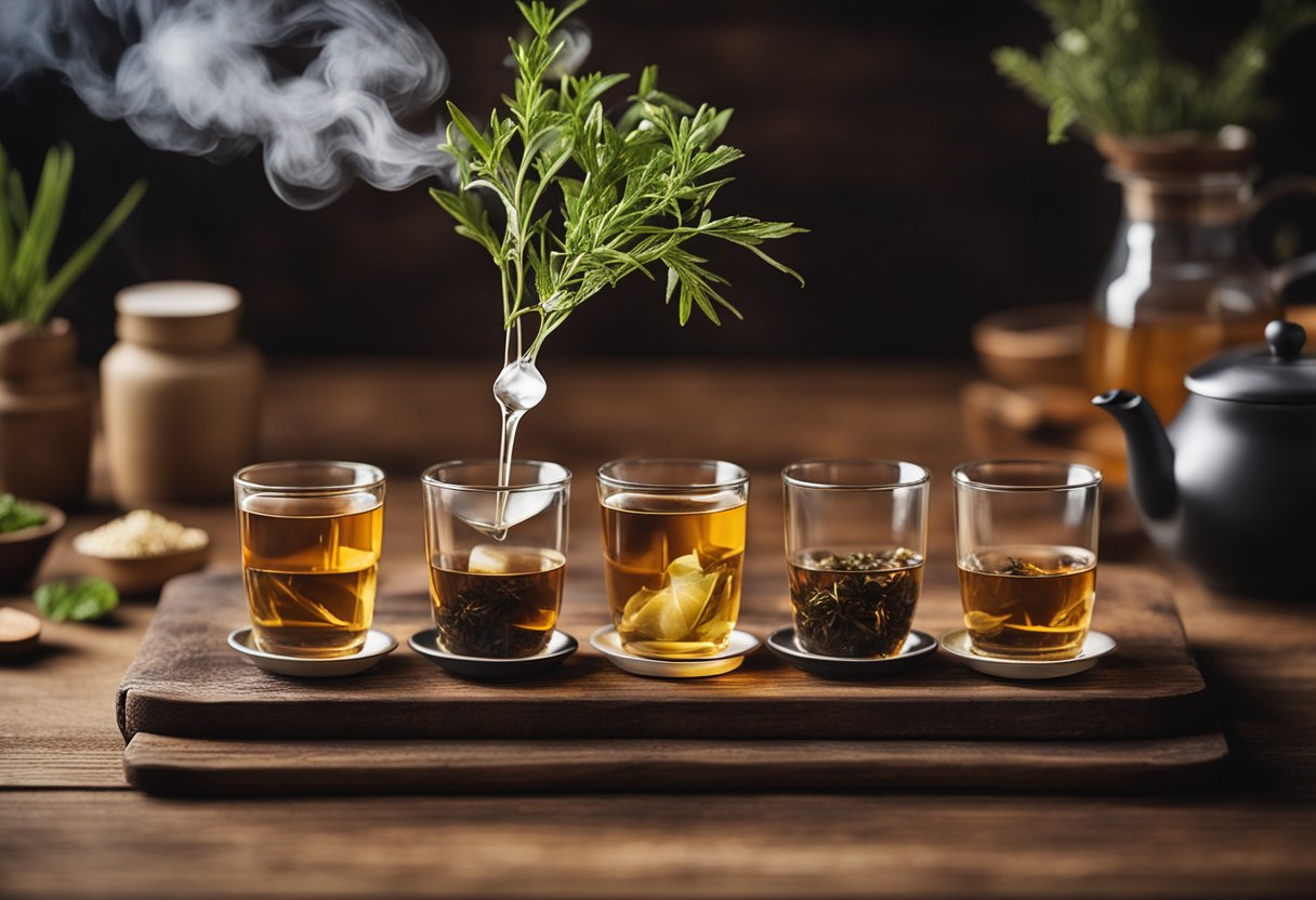 A variety of herbal teas arranged on a wooden table, with steam rising from the cups