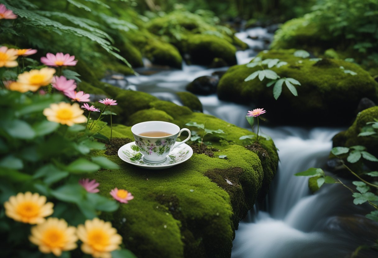 A serene forest with a stream, surrounded by vibrant green foliage and colorful flowers, with a teacup filled with detox tea resting on a mossy rock