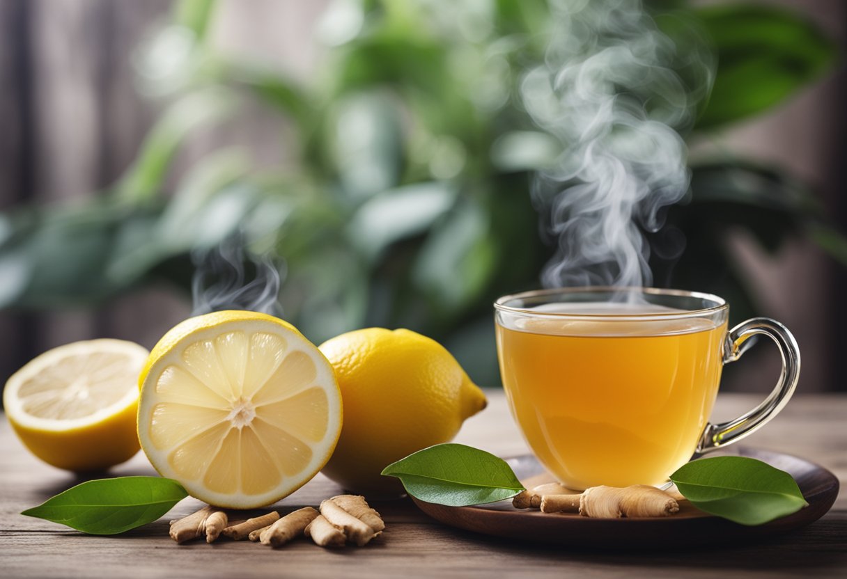 A steaming cup of detox lemon ginger tea sits on a wooden table, surrounded by fresh lemon slices and ginger root