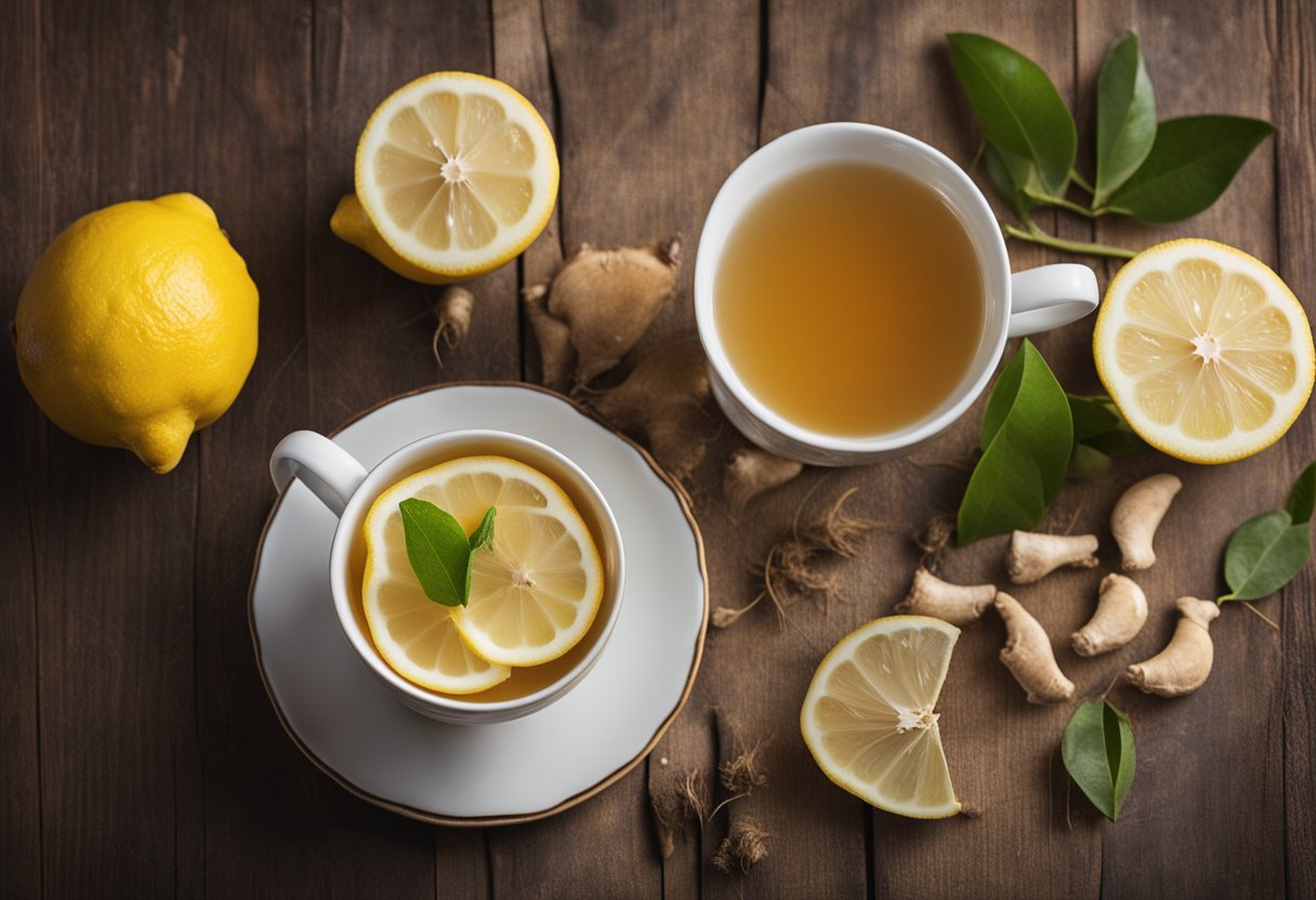 A steaming cup of lemon ginger tea sits on a wooden table, surrounded by fresh lemon slices and ginger root. Steam rises from the cup, indicating its warmth