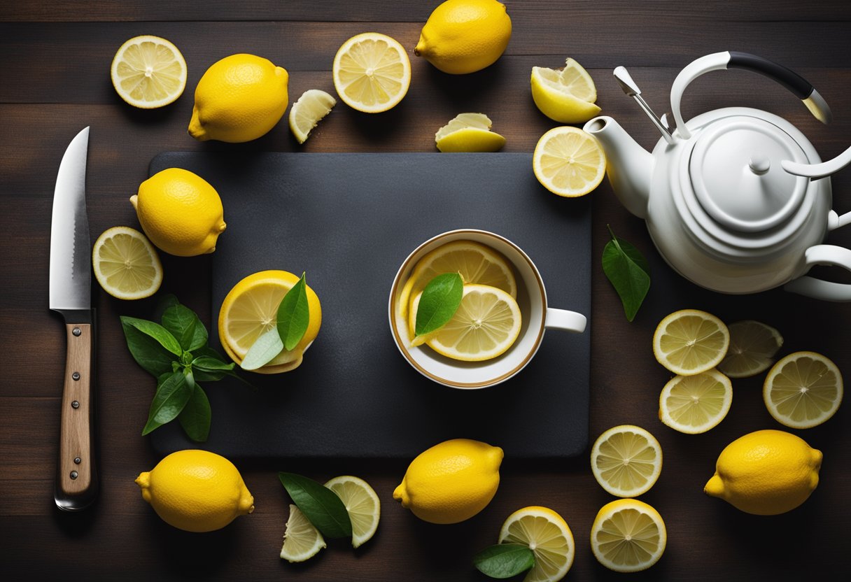 A cutting board with fresh lemons and ginger, a knife, and a teapot with steaming detox lemon ginger tea