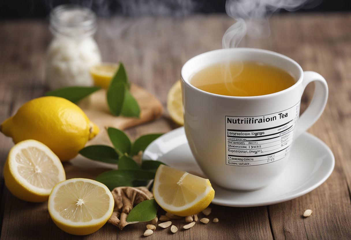 A steaming cup of lemon ginger tea with a label showing nutritional information. Lemons and ginger are nearby, hinting at the natural ingredients used