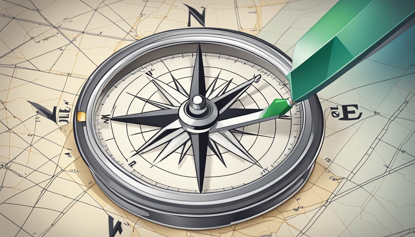 A compass needle pointing north on a map with grid lines, representing the concept of positioning and orientation
