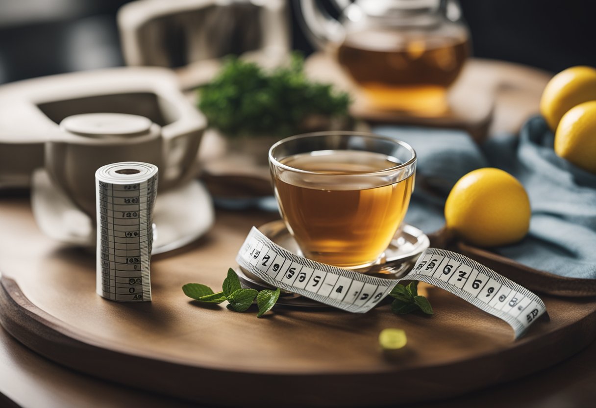 A table with detox tea, a scale, and a tape measure on it