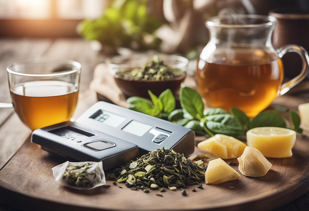 A table with various herbal tea bags, a steaming cup, and a scale nearby. A banner with "Detox Teas" and a question "do detox teas make you lose weight" displayed prominently