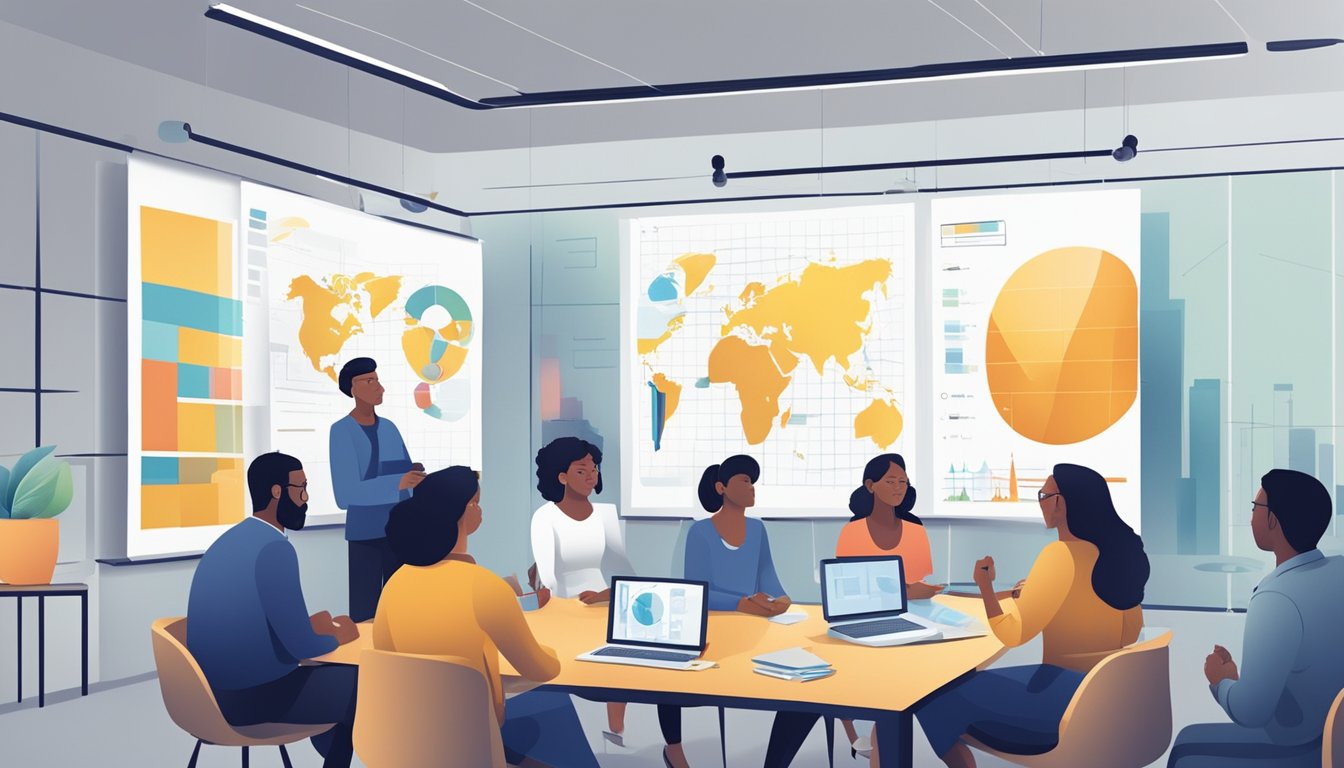A group of diverse individuals are gathered in a room, engaging in discussions and brainstorming sessions, with charts and graphs displayed on the walls