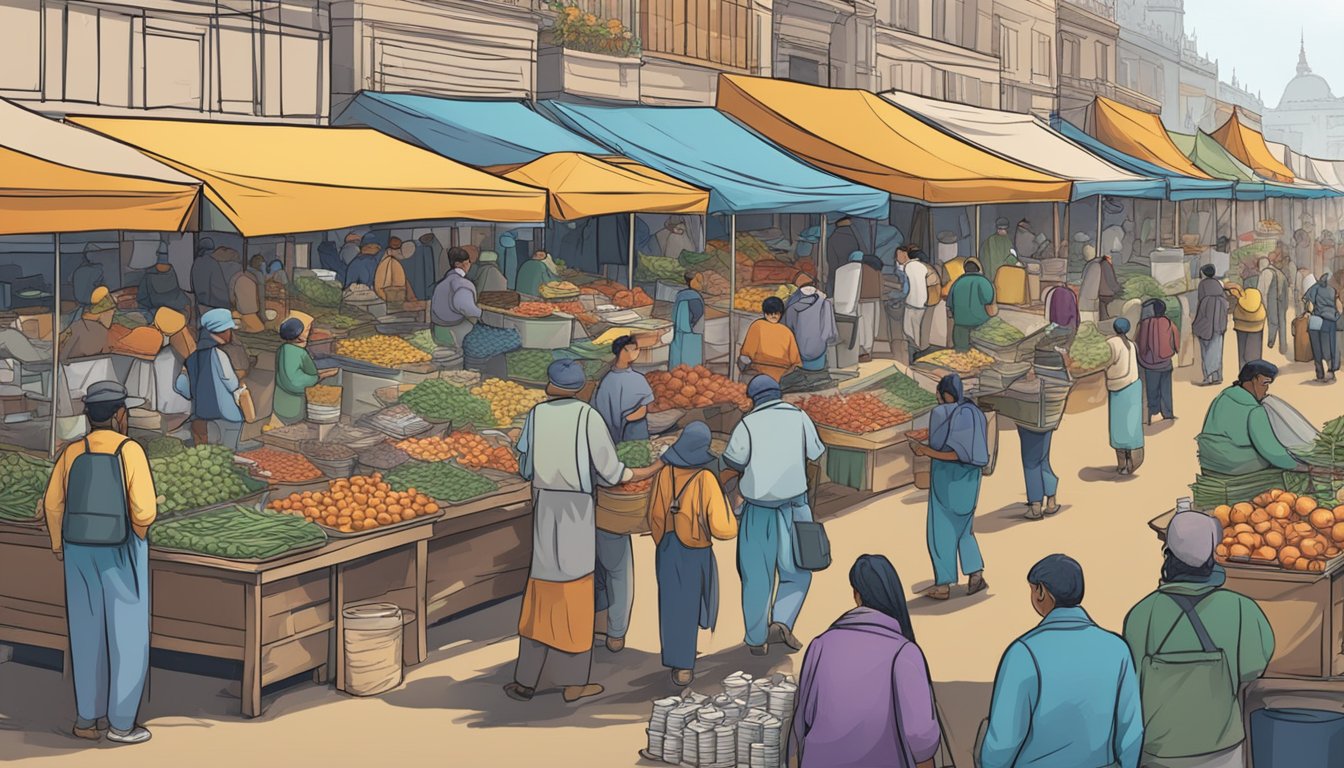 Vendors setting up stalls in a bustling market, vying for prime positions to attract customers