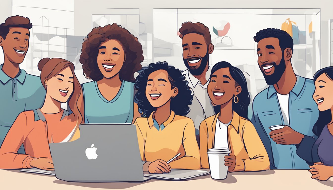 A diverse group of people engaging with a brand's product, showing positive reactions and emotions, with the brand logo prominently displayed in the background