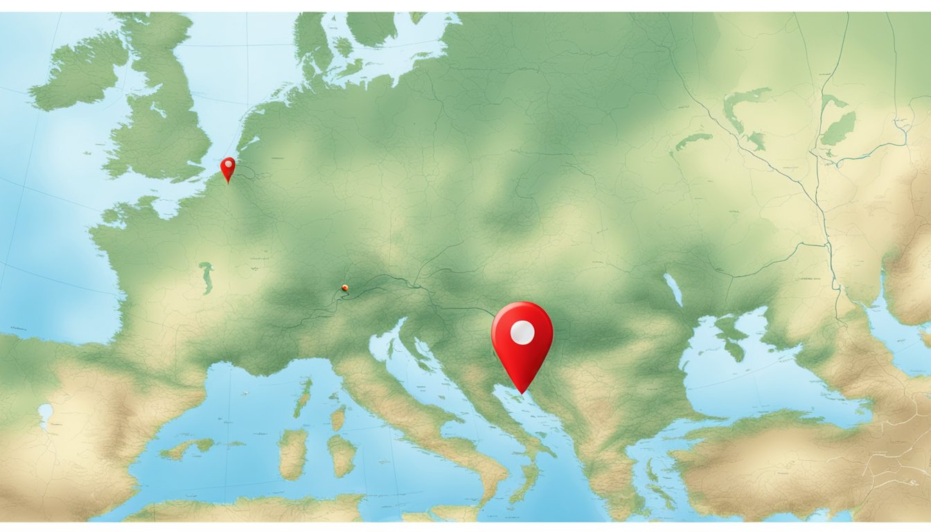 A map of Norway with a red pin marking a specific location