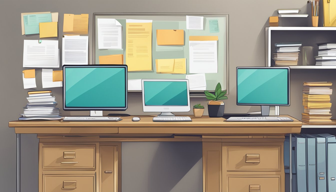 A desk with a computer, a stack of papers, and a sign that reads "Frequently Asked Questions" positioned on the wall