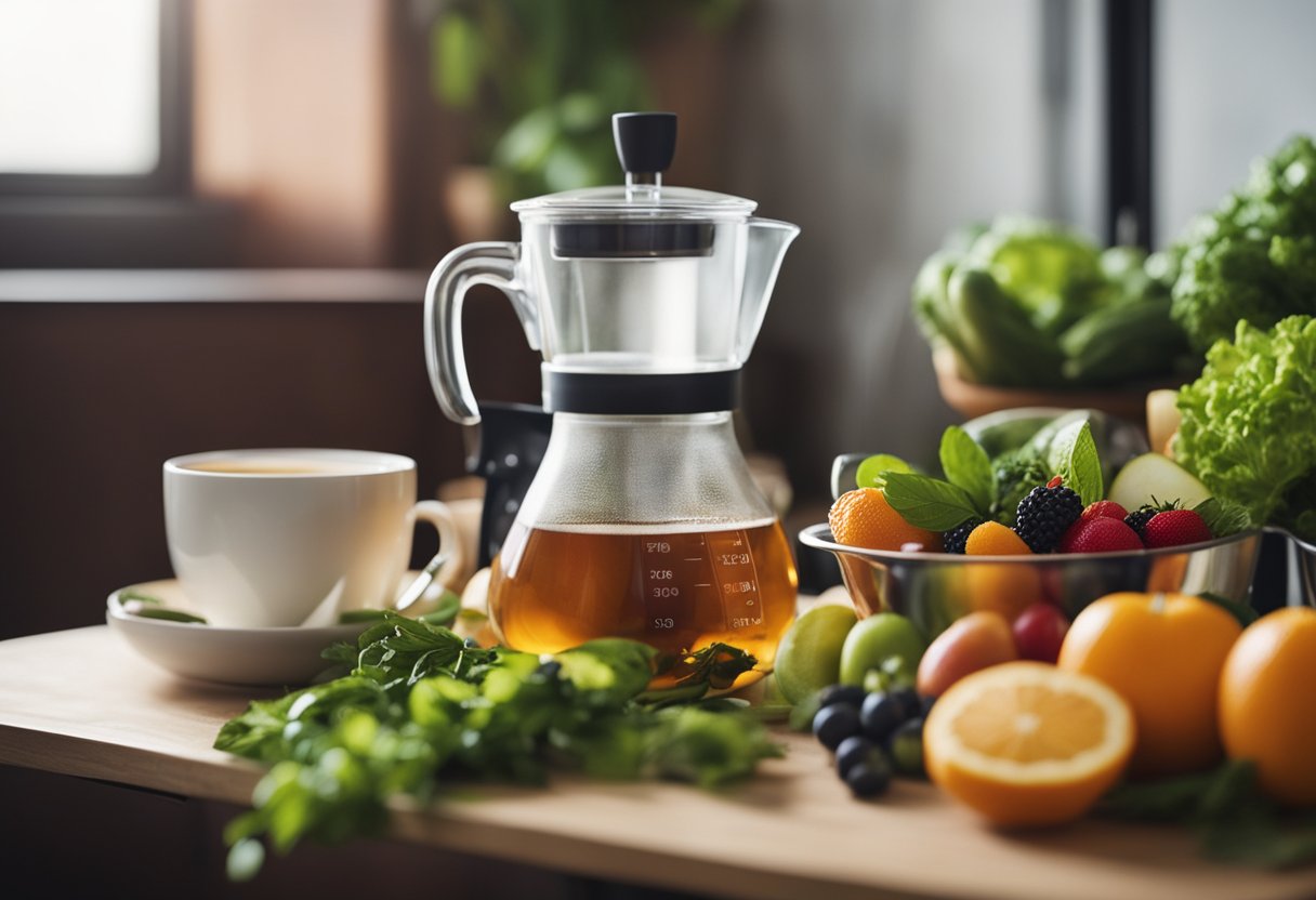 A steaming cup of detox tea sits next to a scale, surrounded by fresh fruits and vegetables