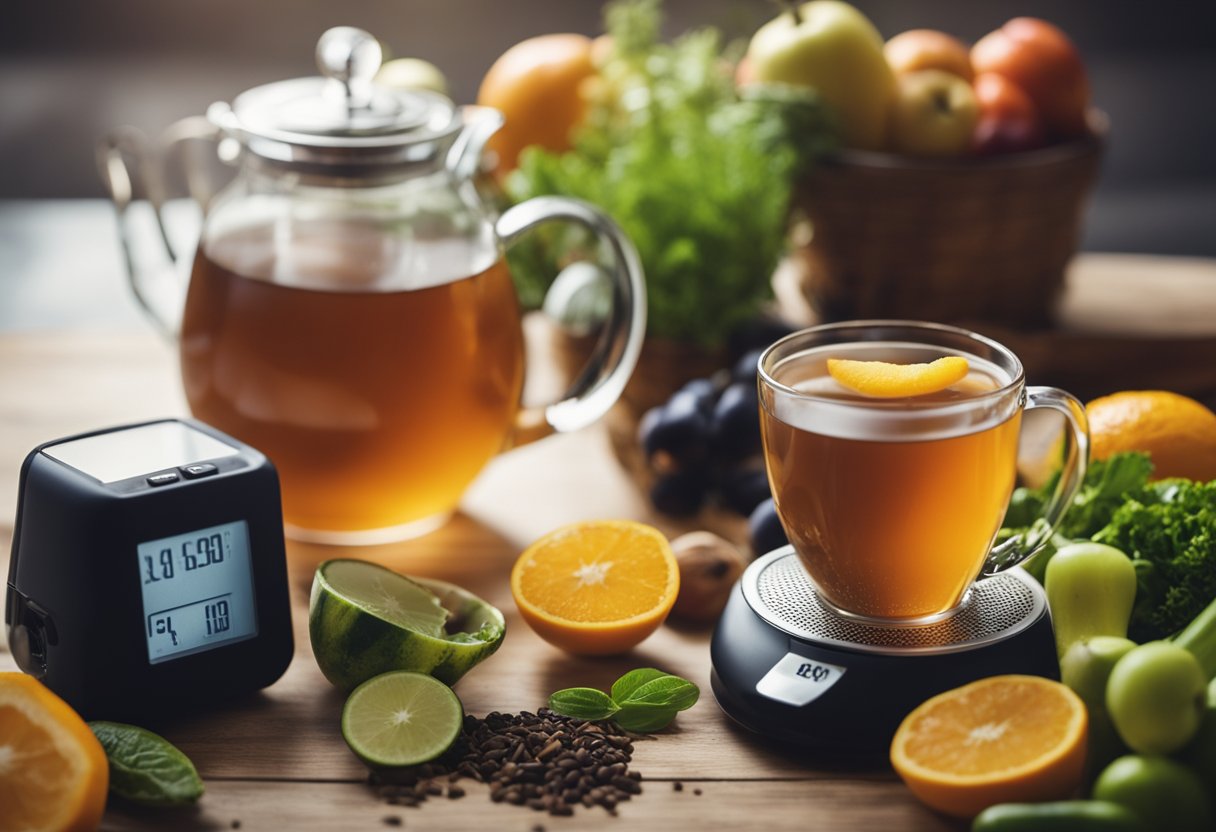 A steaming cup of detox tea sits on a scale next to a tape measure and a pile of fresh fruits and vegetables