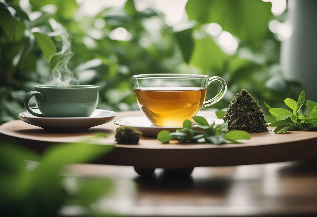 A table set with various detox tea packages and a steaming cup, surrounded by lush green plants and a calming atmosphere