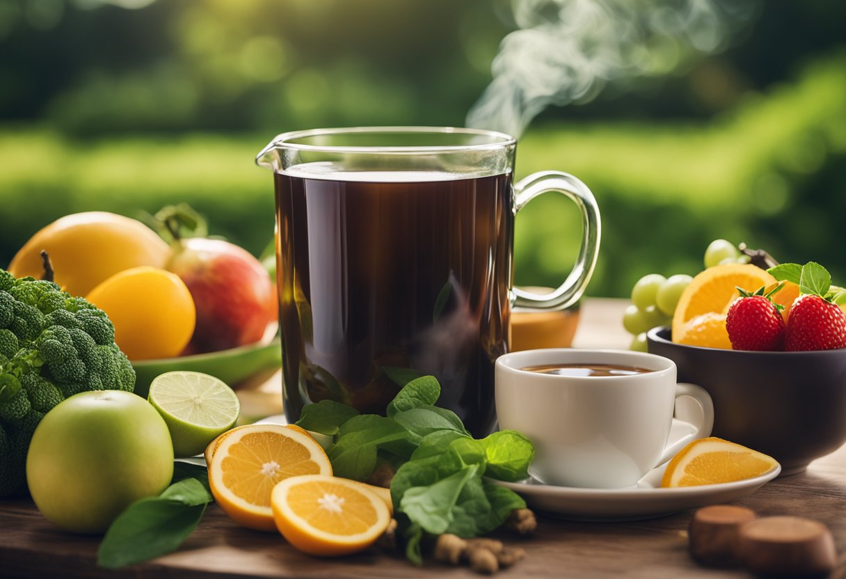 A steaming cup of weight loss and detox tea surrounded by fresh, vibrant fruits and vegetables, with a backdrop of a serene, natural setting