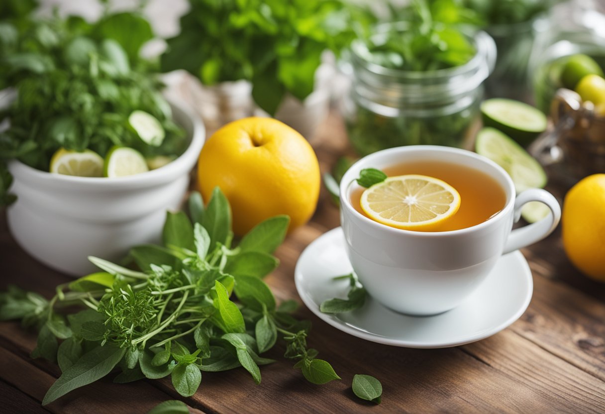 A steaming cup of detox tea sits on a wooden table surrounded by fresh herbs and fruits. A tape measure and scale are nearby, indicating weight loss