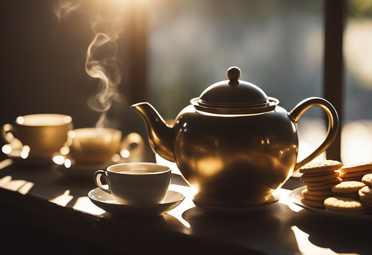 A steaming teapot sits on a cozy table with a stack of teacups and a plate of biscuits nearby. Sunlight streams through a window, casting a warm glow over the scene