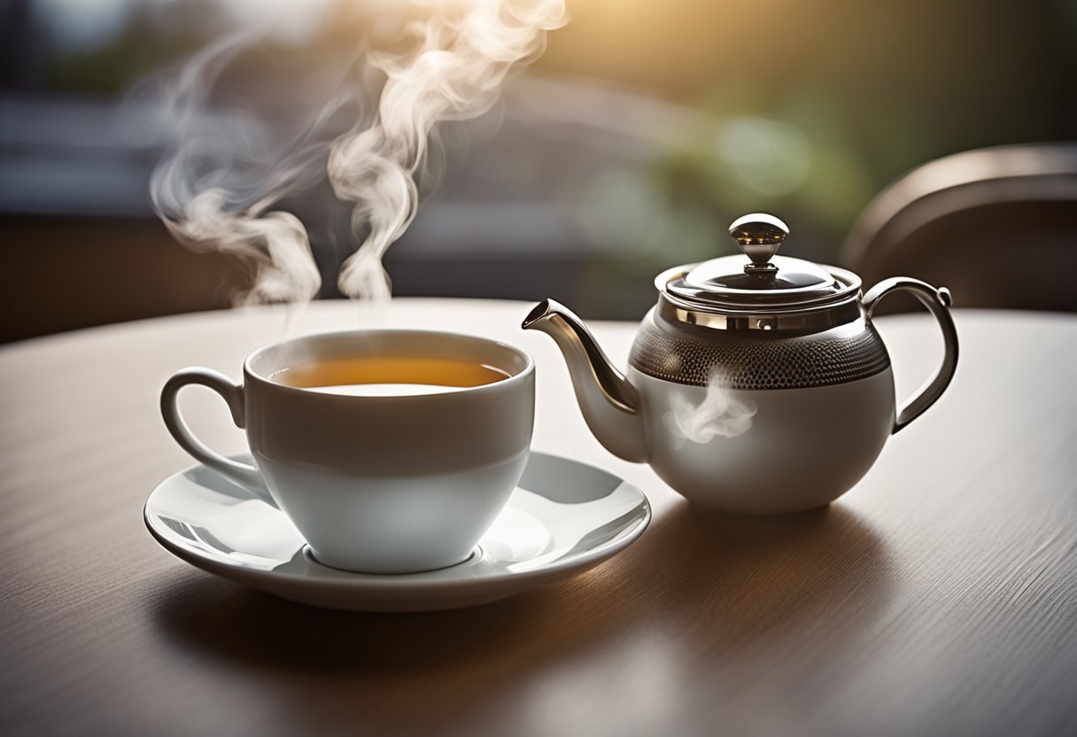 A table with a teapot, cup, and saucer. A steam rises from the teapot. A tea bag and a timer sit nearby