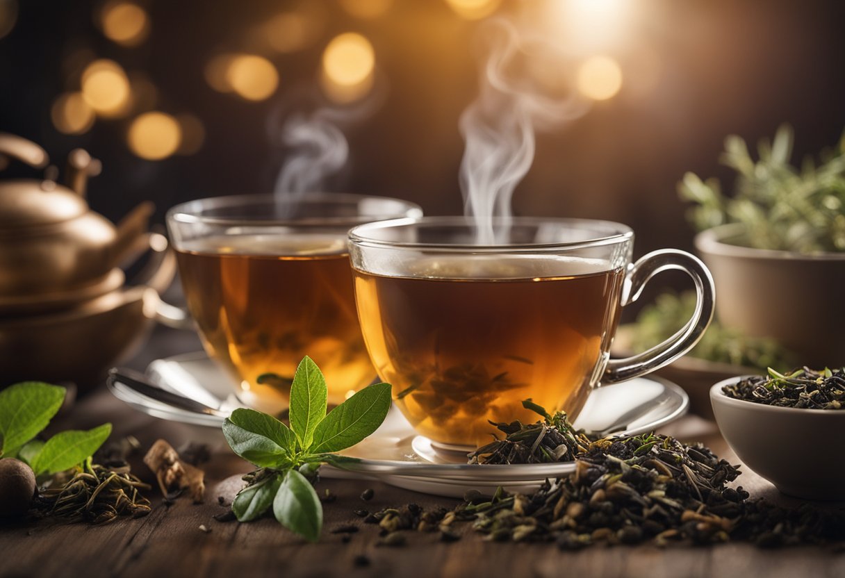 A steaming cup of tea surrounded by various types of tea leaves and herbs, with a soft light shining on the scene