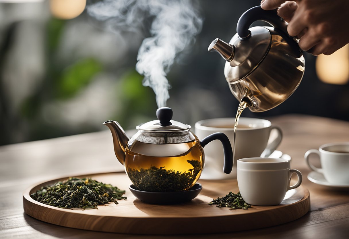 A steaming teapot pours into a delicate cup, surrounded by loose tea leaves and a timer set for optimal steeping