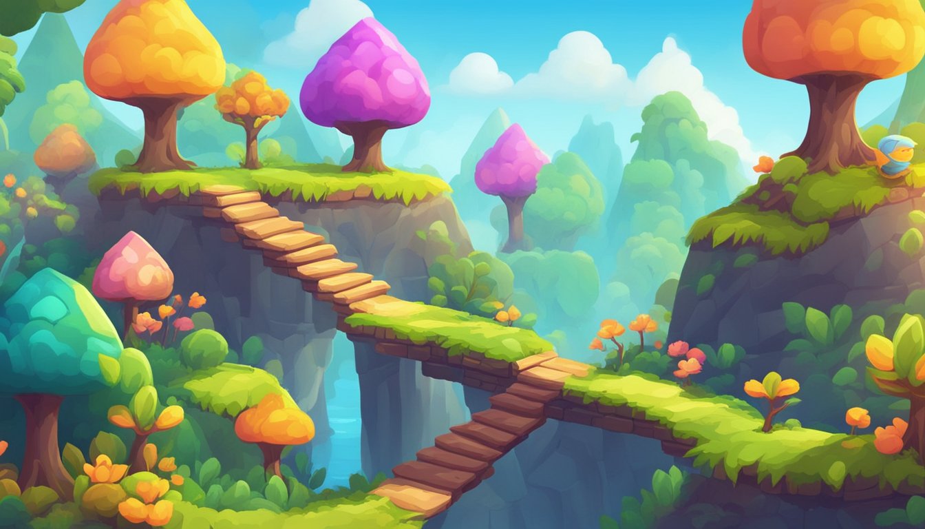 A colorful platformer game with vibrant backgrounds and interactive elements