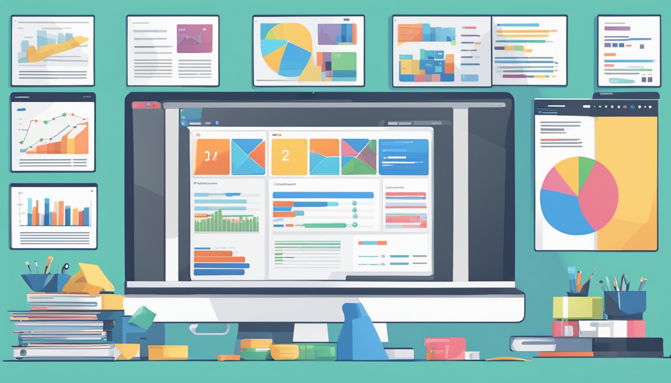 A computer with multiple screens displaying PPC campaign development tools and graphs