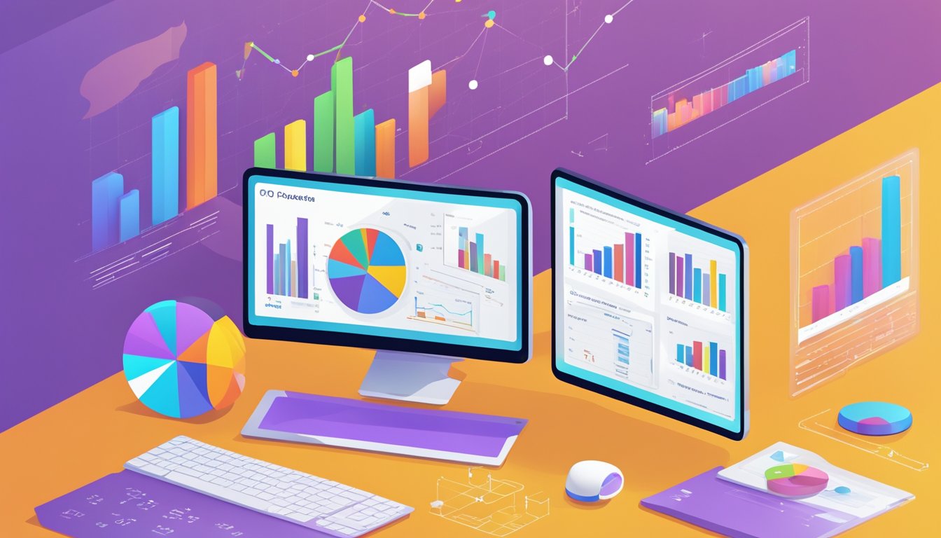 A computer screen displaying a PPC advertisement with bold text and vibrant colors, surrounded by data charts and graphs