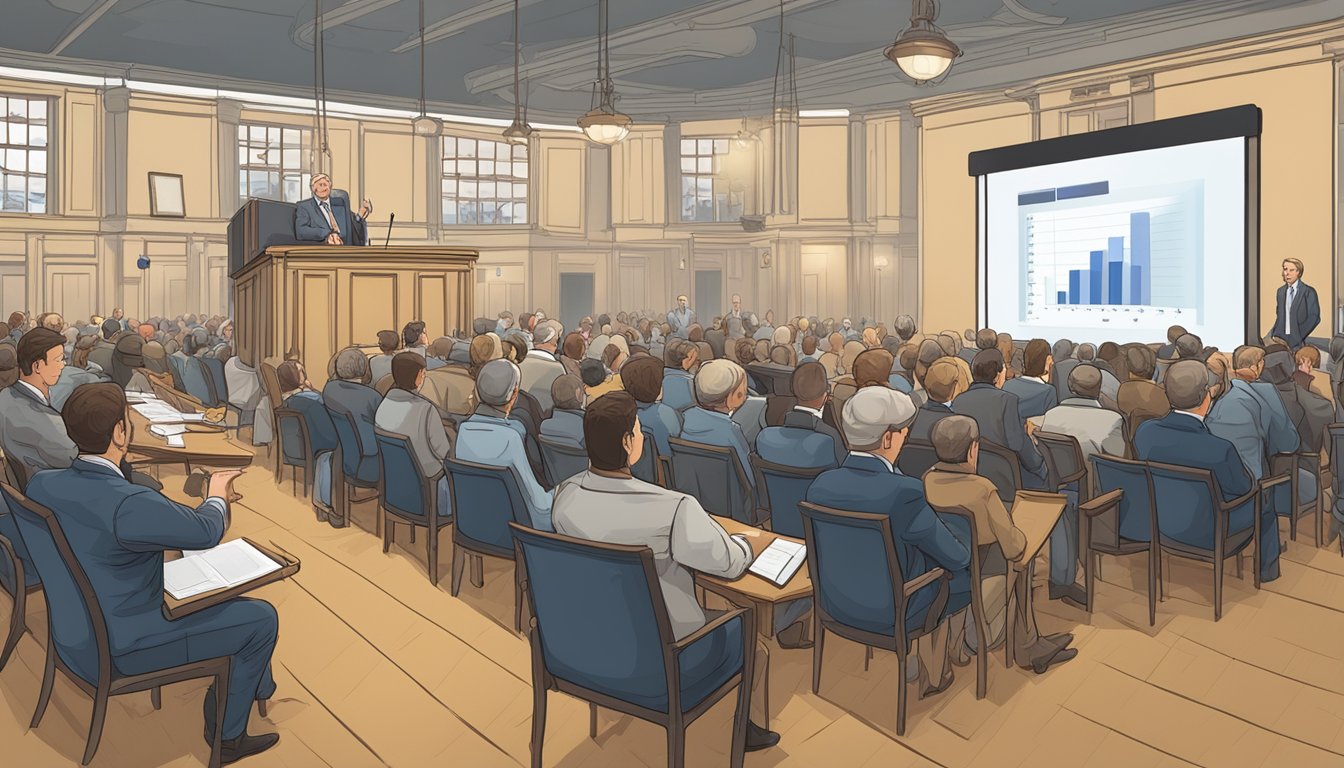 A crowded auction room with bidders raising paddles, a platform with an auctioneer, and a large screen displaying the PPC strategy being auctioned