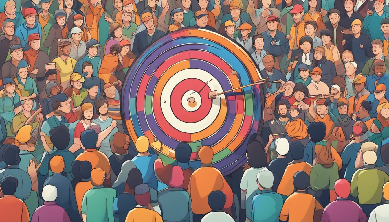 A target with arrows hitting the bullseye, surrounded by a diverse crowd of people watching and cheering