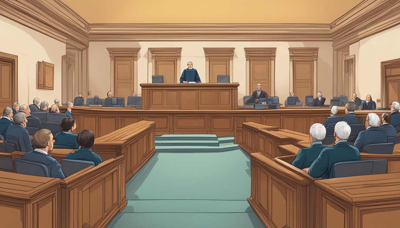 A courtroom with a judge presiding over a trial, lawyers presenting arguments, and a jury listening attentively