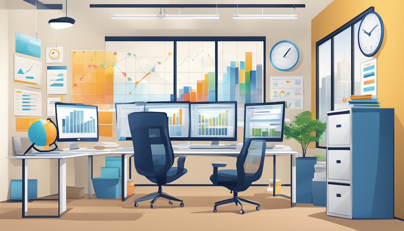 A modern office with computers and charts, showing data analysis and trend forecasting for PPC marketing