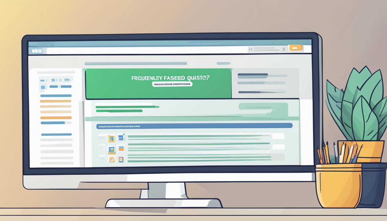 A computer screen displaying a webpage titled "Frequently Asked Questions" with a search bar and list of questions and answers