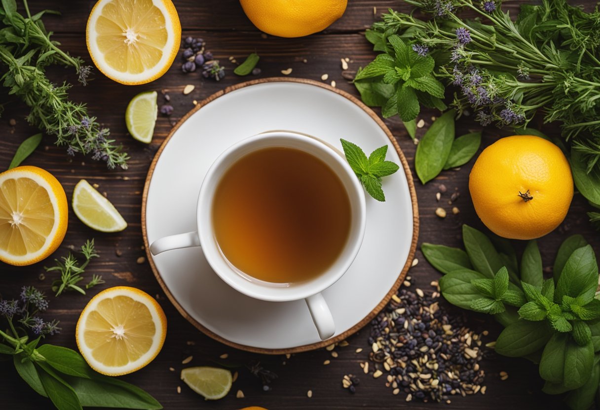 A steaming cup of detox tea sits on a wooden table, surrounded by fresh herbs and fruits. A sense of calm and rejuvenation fills the air