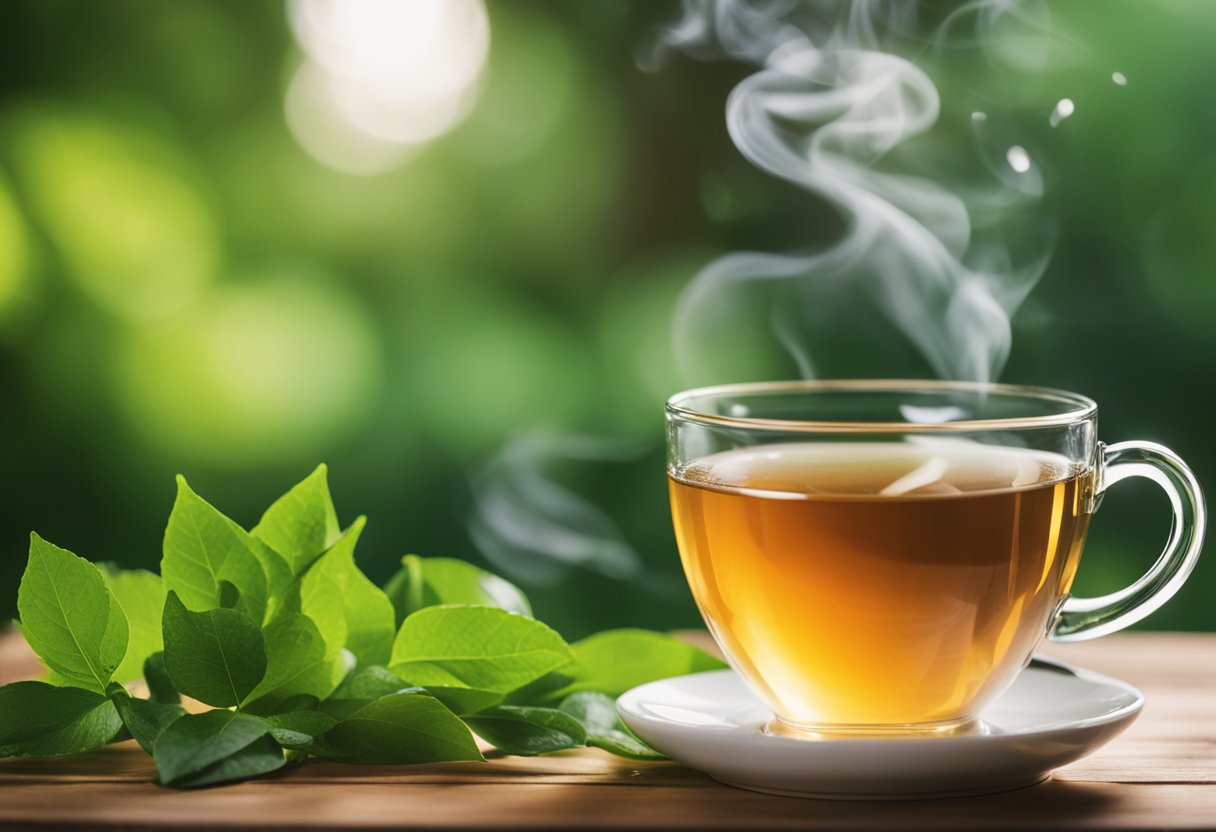 A steaming cup of detox tea sits on a wooden table, surrounded by vibrant green leaves and a few scattered tea bags