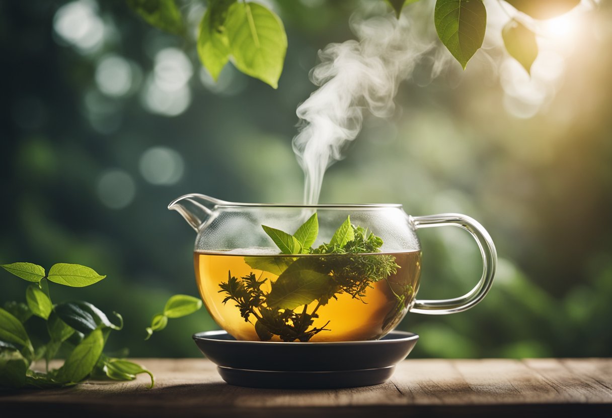 Detox tea ingredients blend in a steaming pot, releasing fragrant steam. Herbal leaves and roots are shown in the foreground