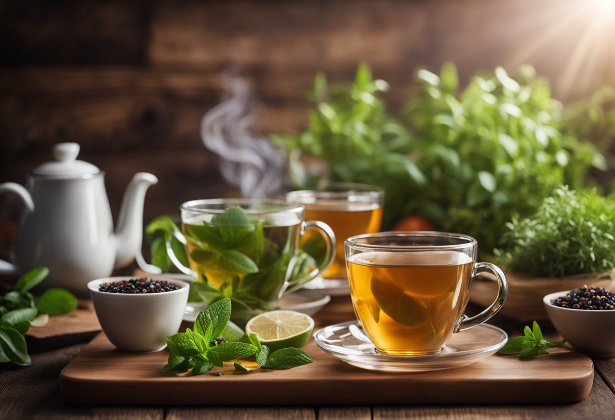 A steaming cup of detox tea sits on a wooden table, surrounded by fresh herbs and fruits. A sense of calm and wellness emanates from the scene