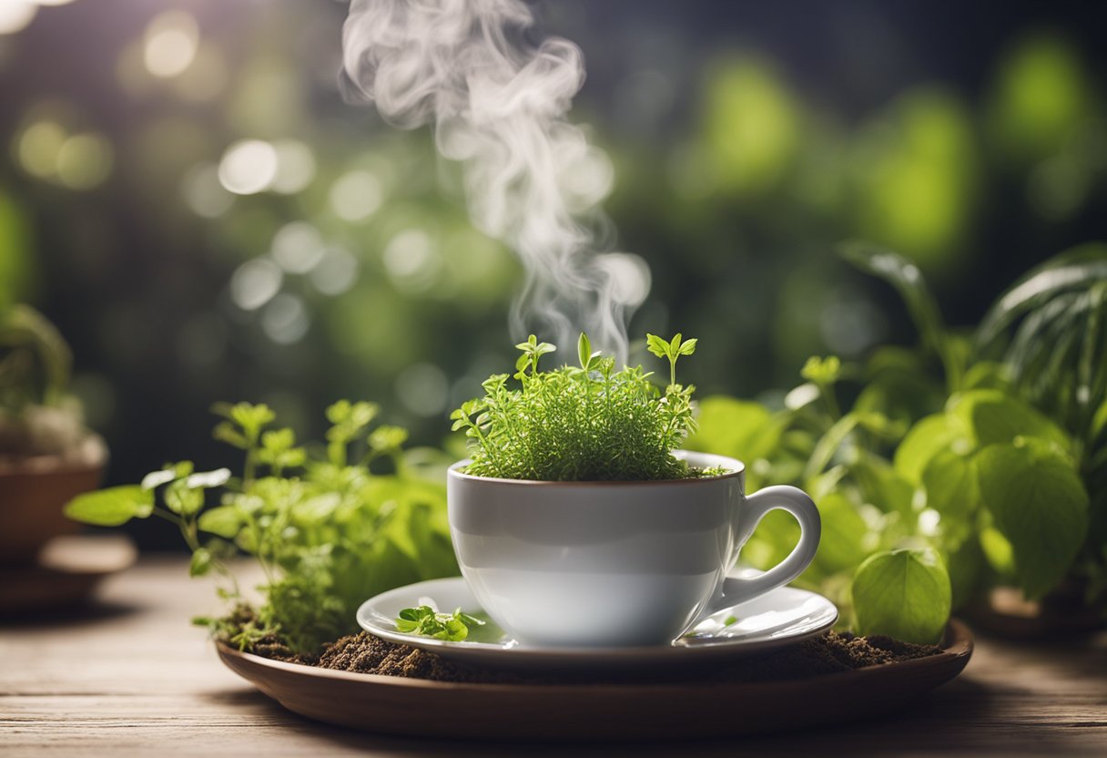 A teacup surrounded by herbs and plants, steam rising from the brew. A sense of cleansing and rejuvenation in the air