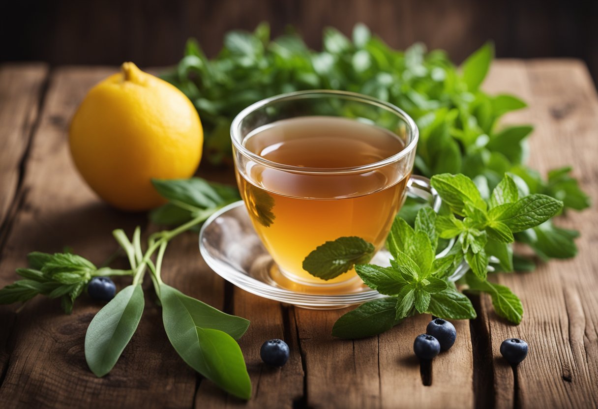 A steaming cup of detox tea surrounded by fresh herbs and fruits on a wooden table