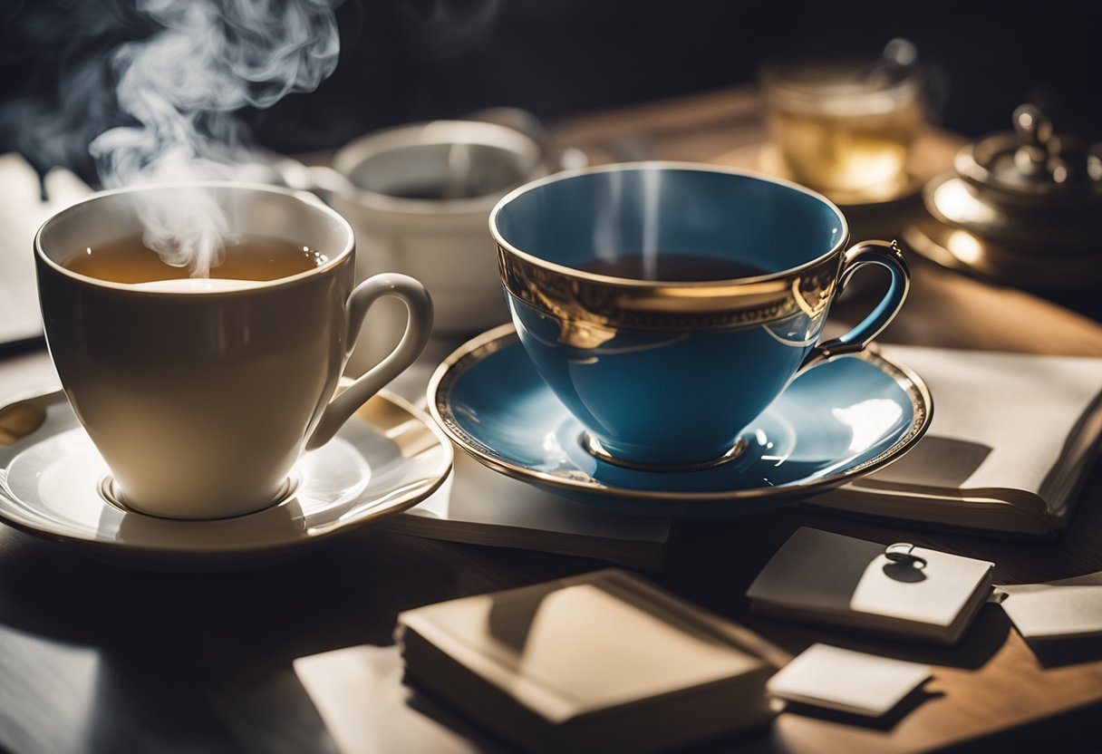 A teacup sits on a table, steam rising from the detox tea. A scale and measuring tape are nearby, symbolizing weight loss. A book titled "The Science Behind Weight Loss" is open, surrounded by research papers