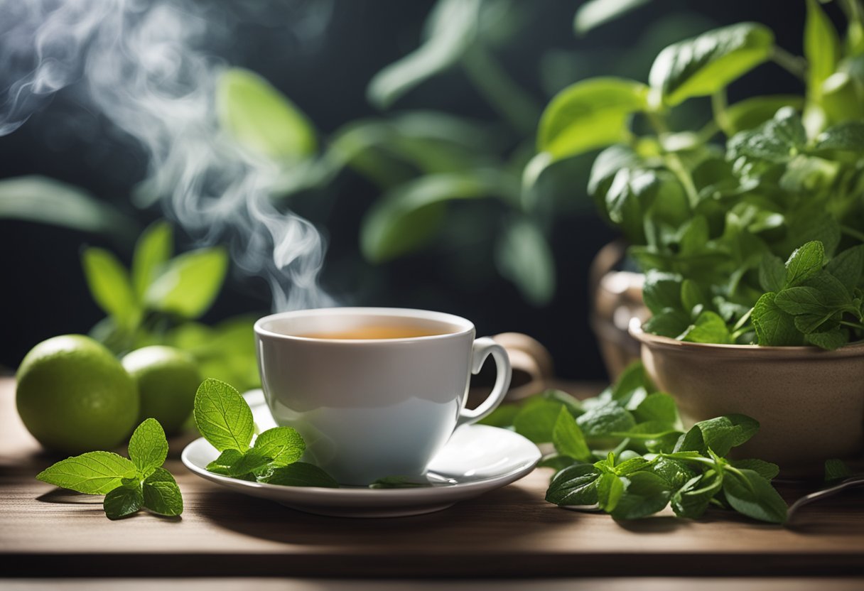 A steaming cup of detox tea sits on a table, surrounded by fresh herbs and fruits. A tape measure and scale are nearby, suggesting the connection to weight loss