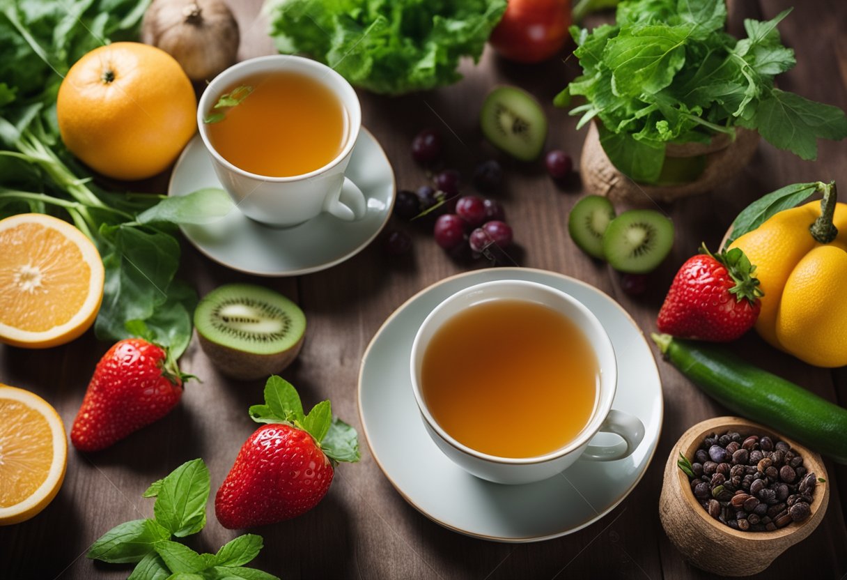 A cup of detox tea surrounded by fruits and vegetables, with a scale nearby. A warning sign is also visible